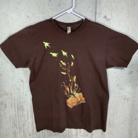 Shirt.Woot! Size Large Birds Book Brown T Shirt Short Sleeve - Picture 1 of 6